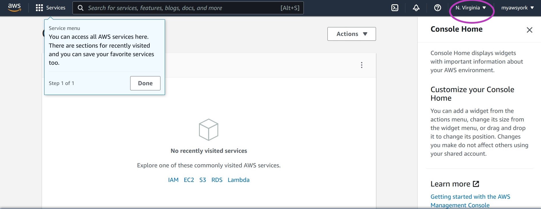 Screenshot of AWS Console page in a browser with the region menu at the top right circled