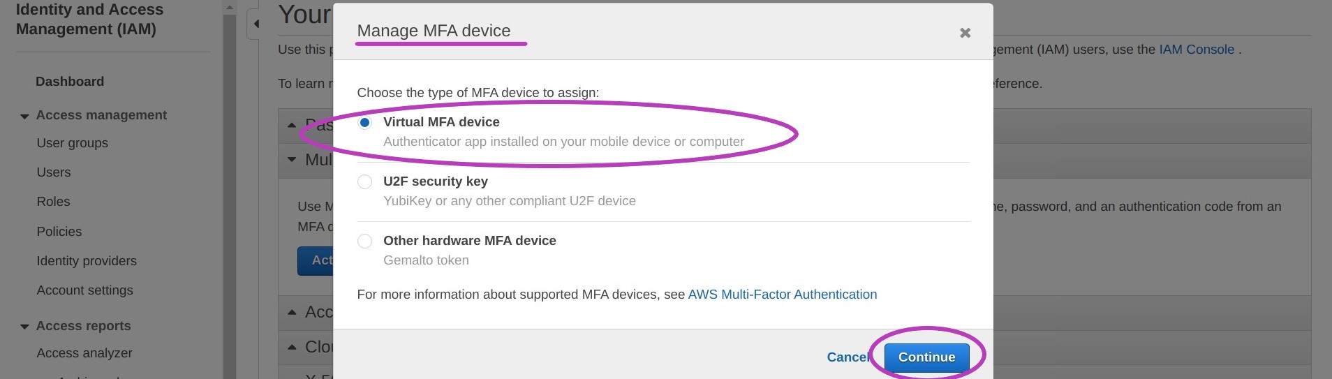 Screen shot of AWS Console Manage MFA device pop-up window in a browser with option Virtual MFA device selected and circled