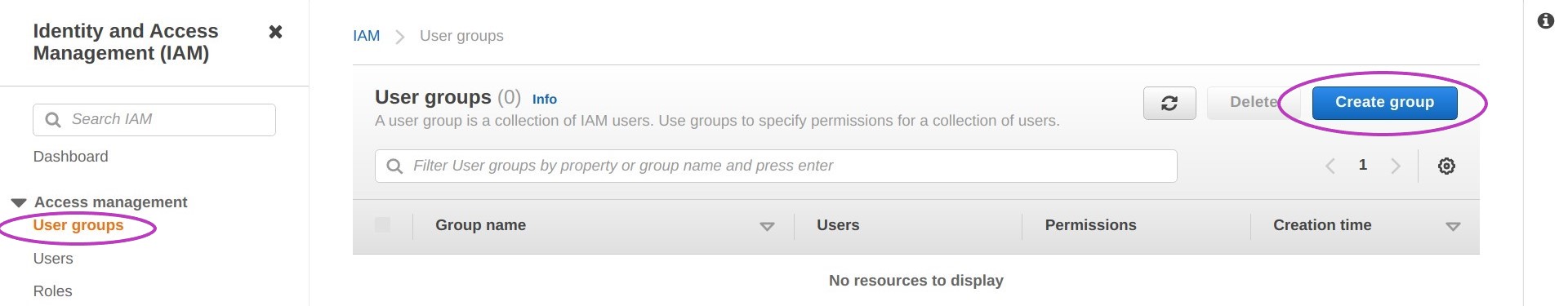 Screen shot of AWS Console IAM User Groups page in a browser with the option "User groups" and the botton "Create group" circled