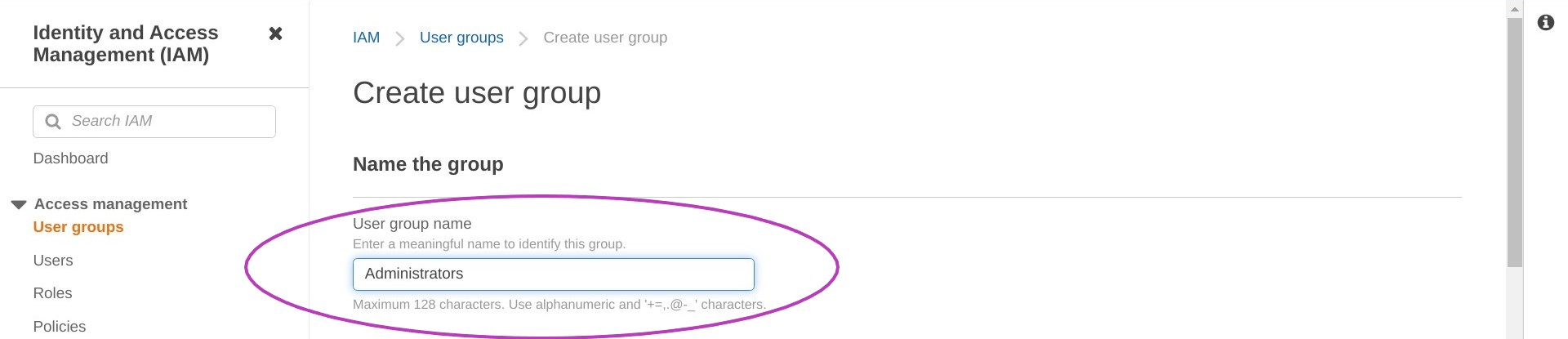 Screen shot of AWS Console "Create user group" page in a browser with the box "User group name" circled