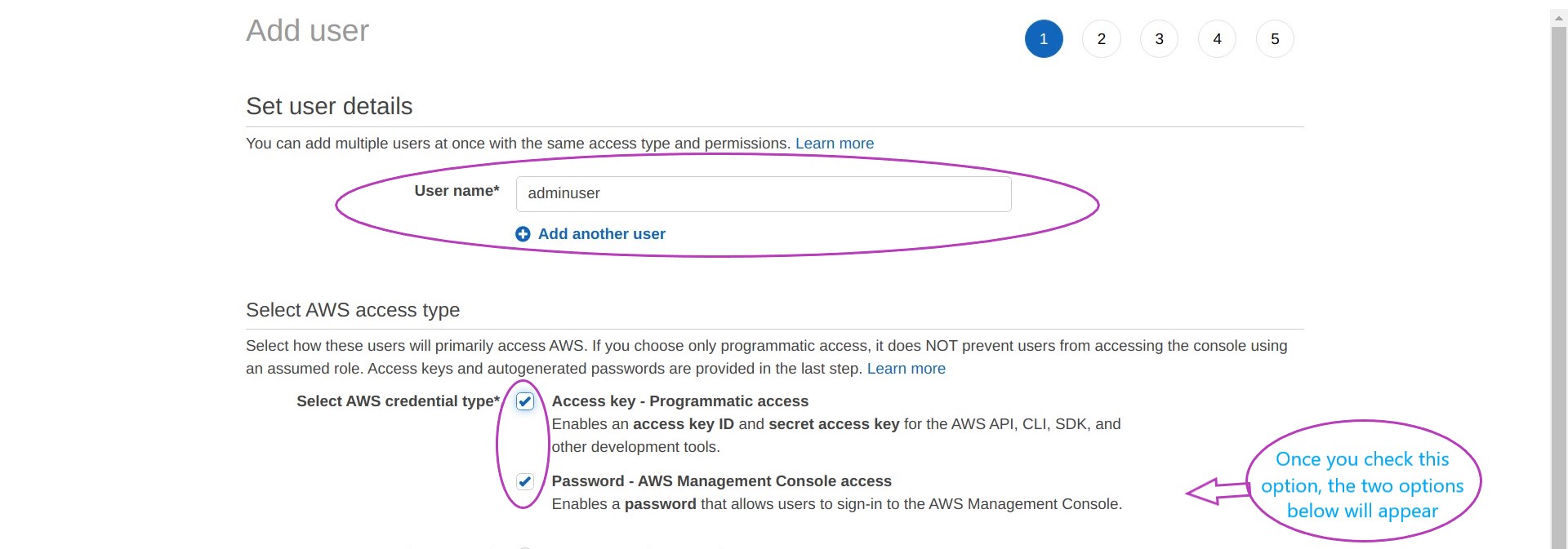 Screen shot of AWS Console IAM Add user page in a browser showing the "User name" box with a user name typed in (adminuser) and circled, and the boxes "Access Key - Programmatic access" and "Password - AWS Management Console access" checked and circled
