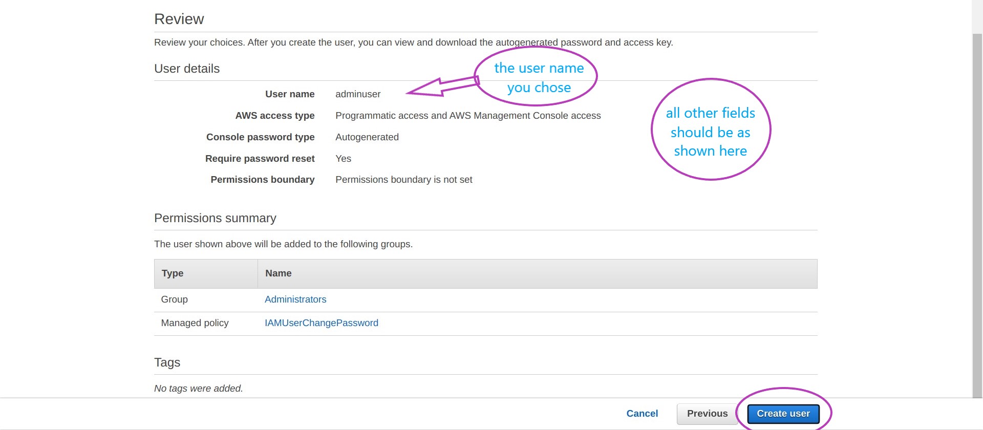 Screen shot of AWS Console IAM Add user Review page in a browser with the button "Create user" circled