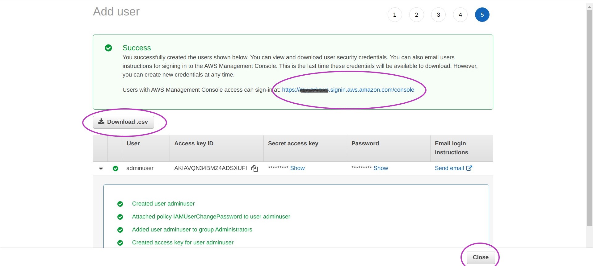 Screen shot of AWS Console IAM Add user success page in a browser with the web address to log in and button to download a .csv file circled