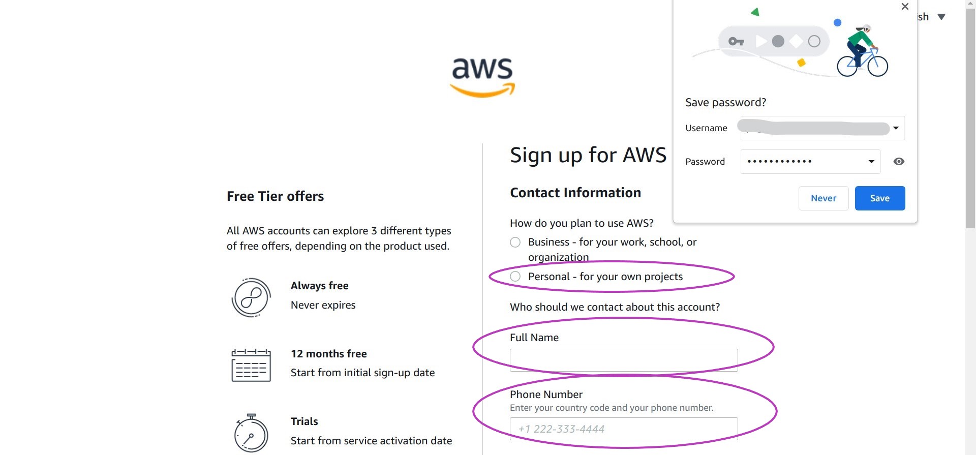 Screen shot of AWS sign up page in a browser with the opion to choose business or personal account and the boxes to enter name and phone number circled