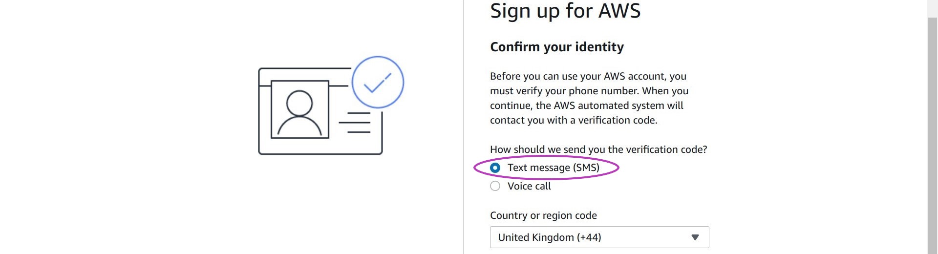 Screen shot of AWS sign up page in a browser with the option Text message (SMS) for user to receive identity verification code circled