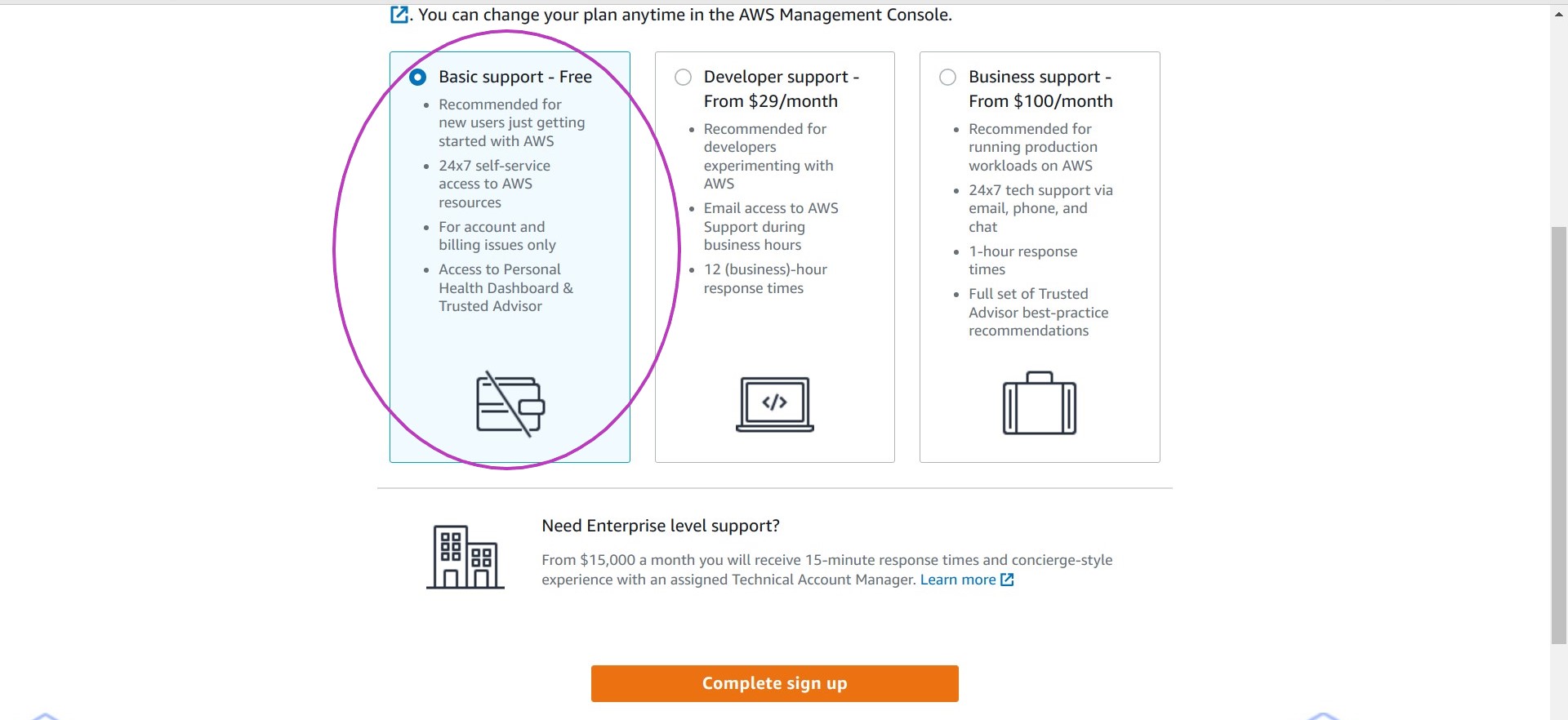 Screen shot of AWS sign up page in a browser with the option Basic support - Free plan circled