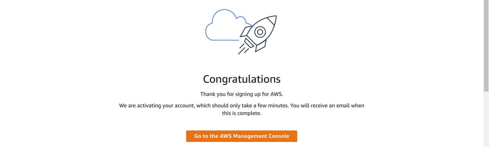 Screen shot of AWS sign up page in a browser showing the Congratulations page and a button to Go to the AWS Management Console"
