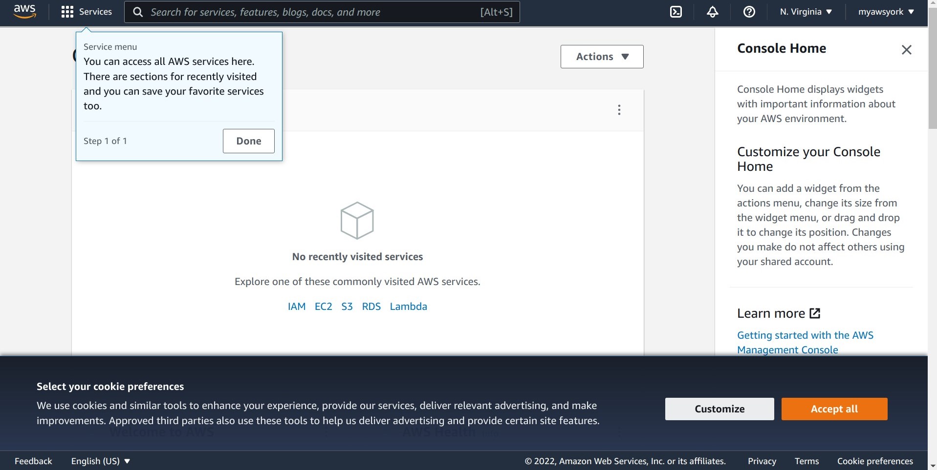 Screen shot of AWS (management) Console in the browser showing the first page after you have logged in