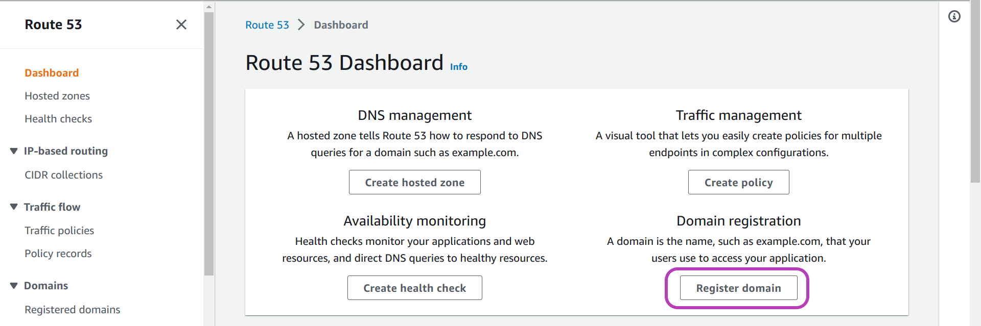 Screenshot of AWS Console "Route 53 Dashboard" page in a browser with the option "Register domain" on the bottom right circled