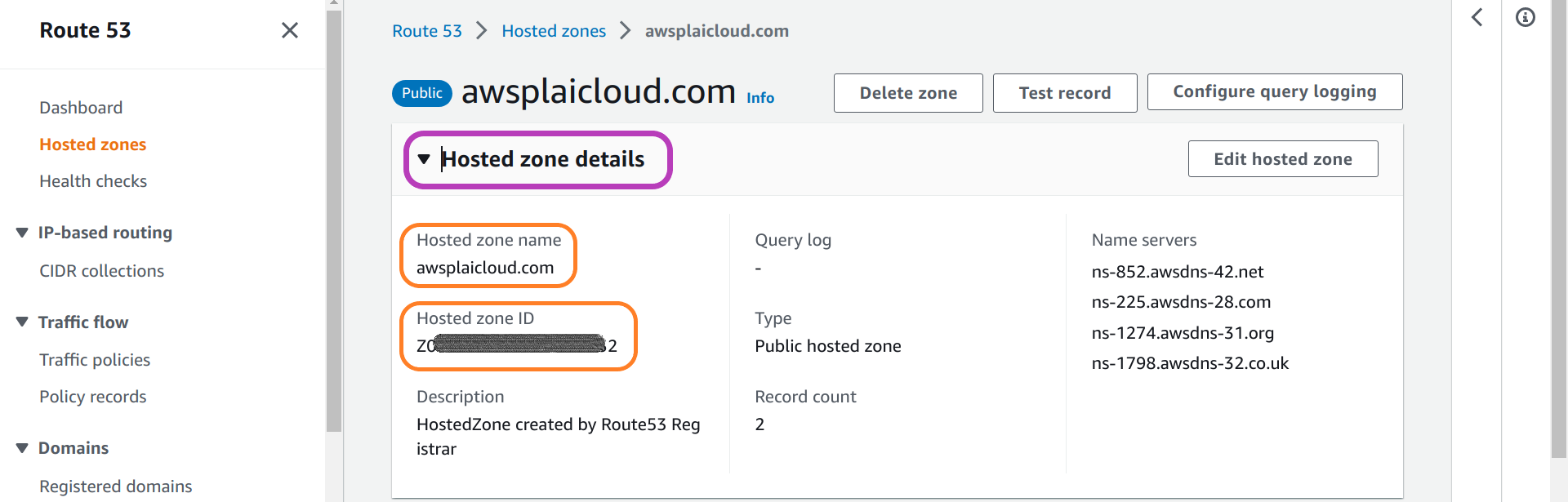 Screenshot of AWS Console "awsplaicloud.com" domain name page in a browser with the following items circled: above the middle to the right, the drop-down menu "Hosted zone details", in the midle the "Hosted zone name" and its value awsplaicloud.com, and below the "Hosted zone ID" with its value hidden.