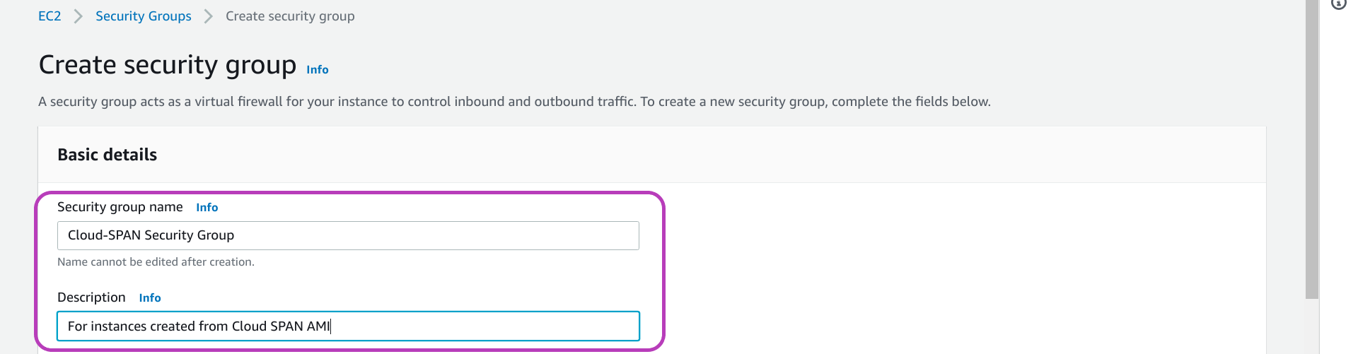 Screenshot of AWS Console "Create security group" page in a browser with options "Security group name" and Description circled.