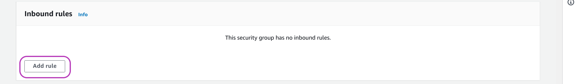 Screenshot of AWS Console "Create security group" page in a browser, scrolled down and showing the button "Add rule" circled.