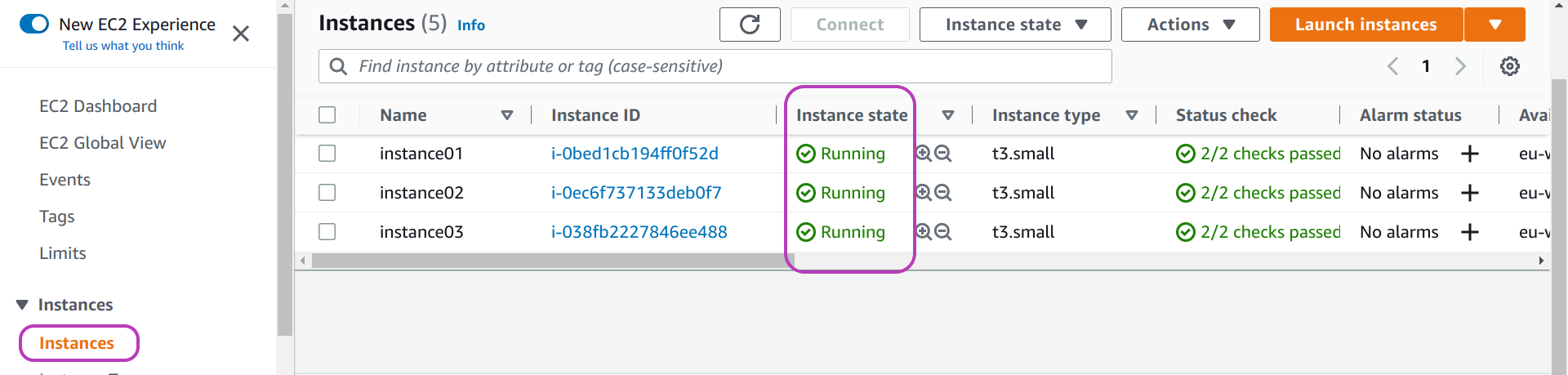 Screenshot of AWS Console EC2 Instances page in a browser showing the state, Running, of three instances previously created, circled.
