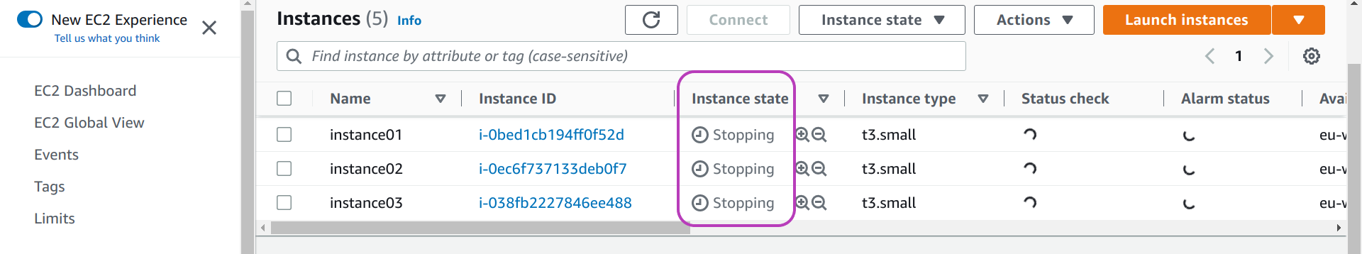 Screenshot of AWS Console EC2 Instances page in a browser showing the state, Stopping, of three instances previously created and running, circled.