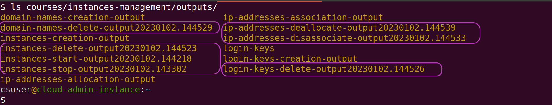 Screenshot of Linux terminal showing the output of the command "ls courses/instances-management/outputs/" after stopping, re-starting and deleting the three instances; the output shows the new directories created by the scripts that stopped, started and deleted the instances.