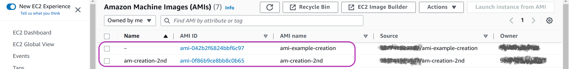 Screenshot of AWS Console "Amazon Machine Images (AMIs)" page in a browser, showing a table listing AMIs properties and two AMI entries in the table circled.
