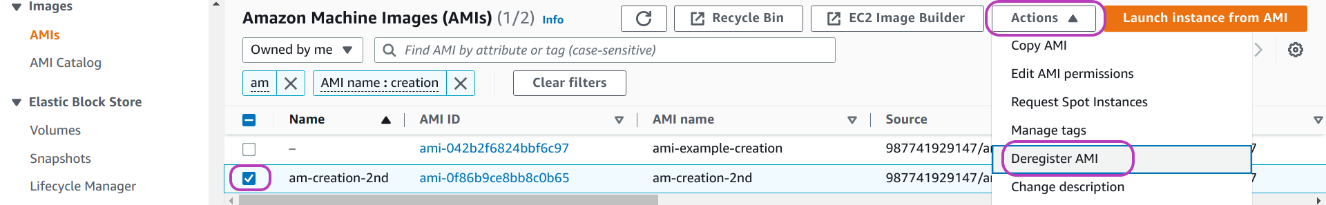 Screenshot of AWS Console "Amazon Machine Images (AMIs)" page in a browser, showing the following items circled: the checkbox to the left of an AMI name checked, the "Actions" drop-down menu at the top, and the option "Deregister AMI" (within the "Actions" menu).