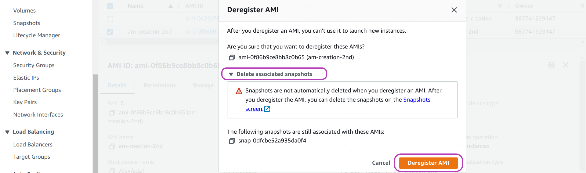 Screenshot of AWS Console "Deregister AMI" pop-up window in a browser, showing the drop-down option "Delete associated snapshots" and the button "Deregister AMI" circled.