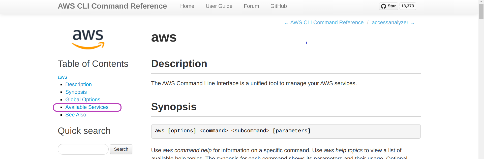 Screenshot of "AWS CLI Command Reference" page in a browser showing the option "Available Services" circled.