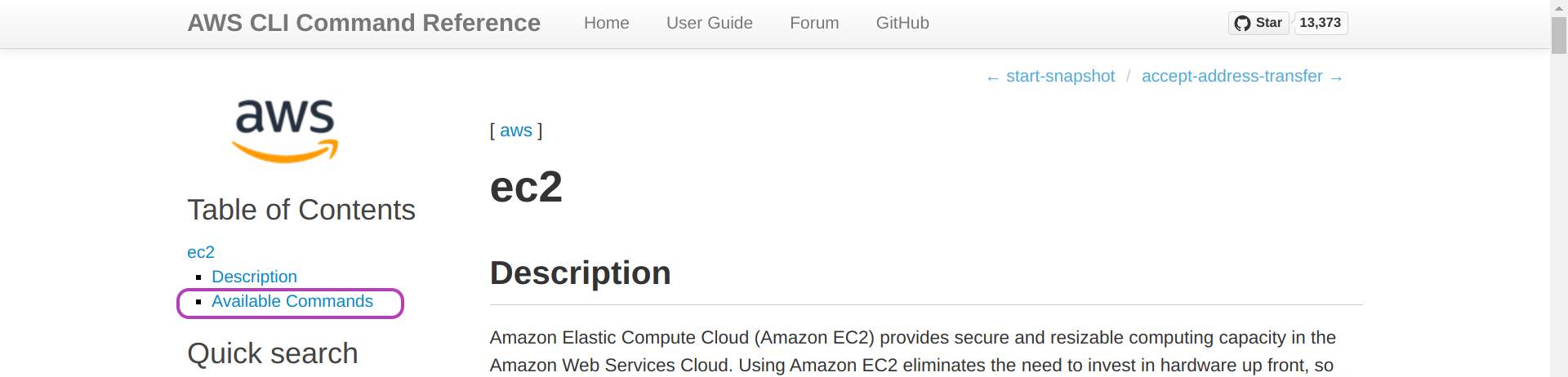 Screenshot of "AWS CLI ec2" page in a browser, showing the option "Available commands" circled.