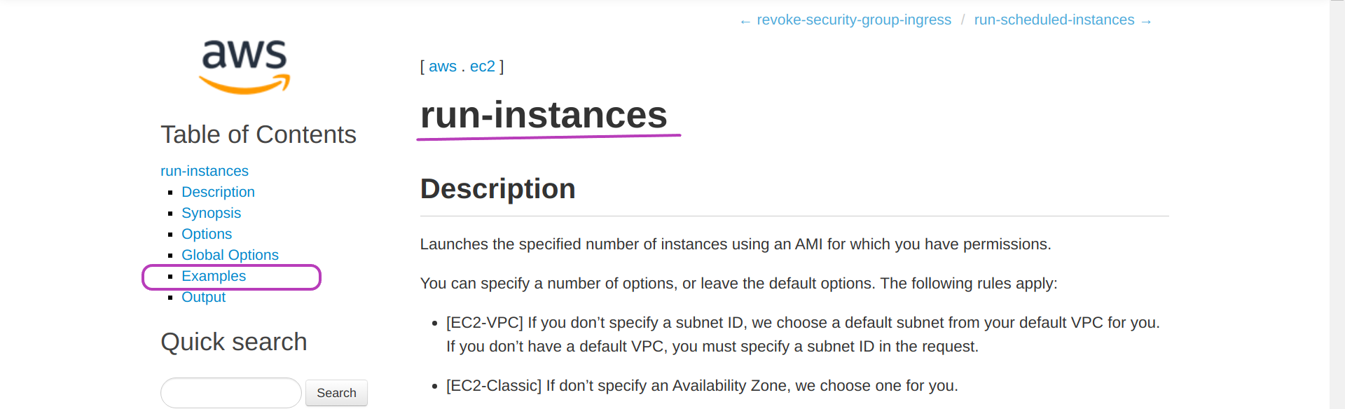 Screenshot of "AWS CLI run-instances" page in a browser, showing the option "Examples" circled.