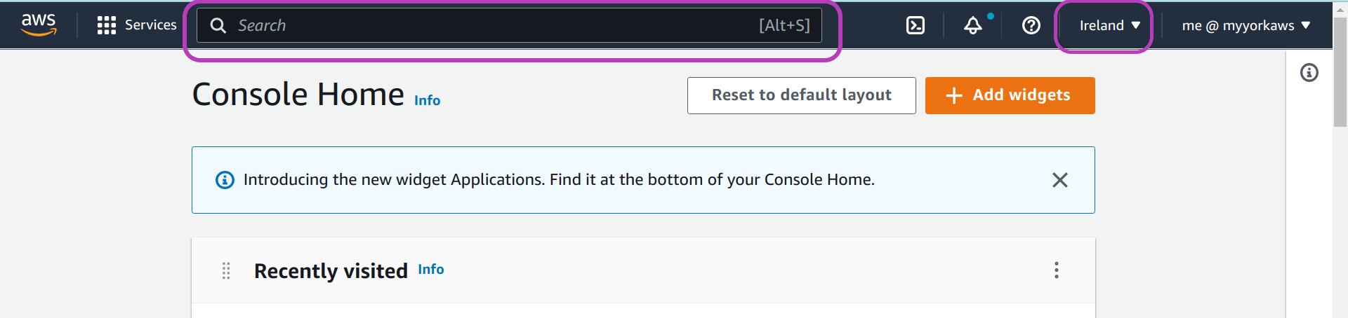 Screenshot of AWS Console page in a browser with the region drop-down menu on the top right and the AWS search box in the middle top circled