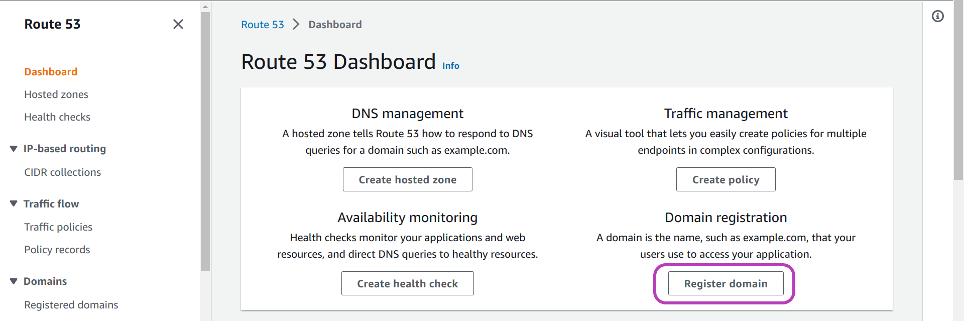 Screenshot of AWS Console Route 53 Dashboard page in a browser with the option Register domain on the bottom right circled