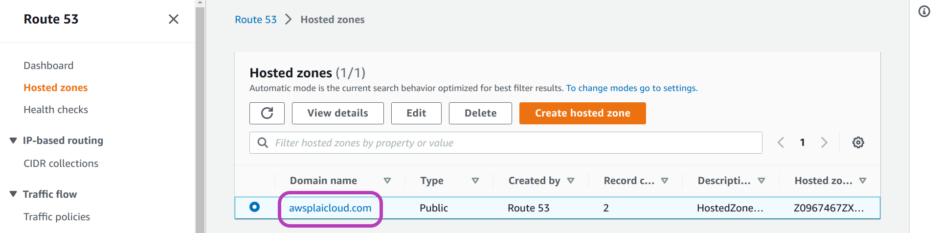 Screenshot of AWS Console Hosted zones page in a browser with the domain name awsplaicloud.com in the middle bottom circled