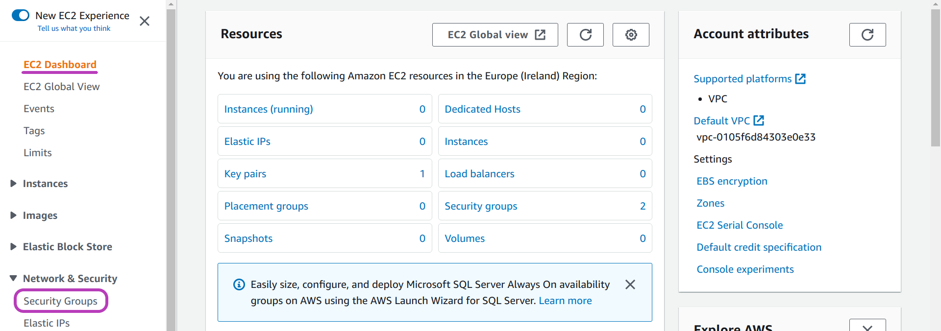 Screenshot of AWS Console EC2 Dashboard page in a browser with the heading EC2 Dashboard on the top left underlined, and the option Security Groups on bottom left circled.