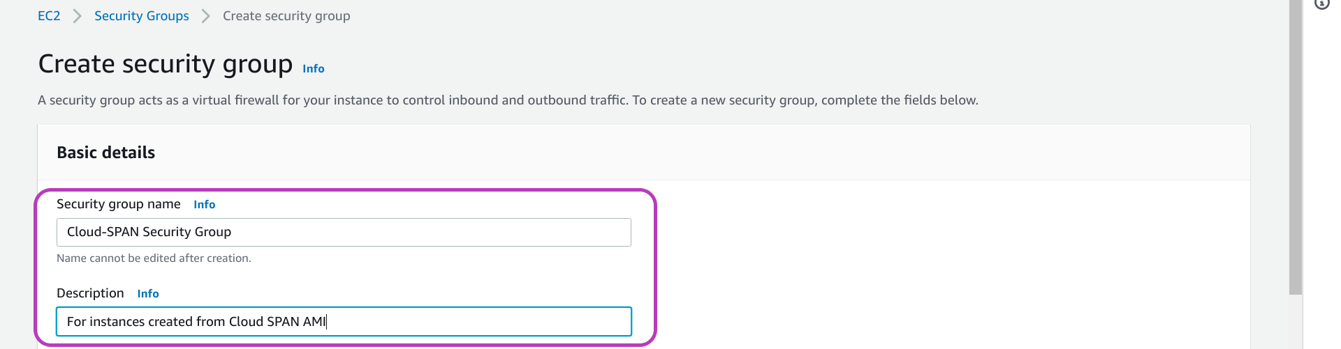 Screenshot of AWS Console Create security group page in a browser with options Security group name and Description circled.