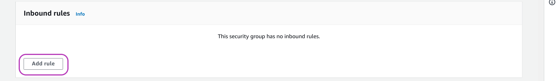 Screenshot of AWS Console Create security group page in a browser, scrolled down and showing the button Add rule circled.