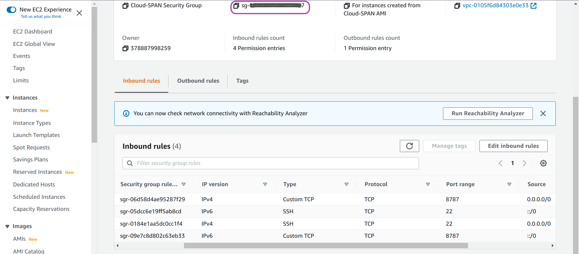 Screenshot of AWS Console Cloud-SPAN Security Group page in a browser showing the security group ID circled but hidden.