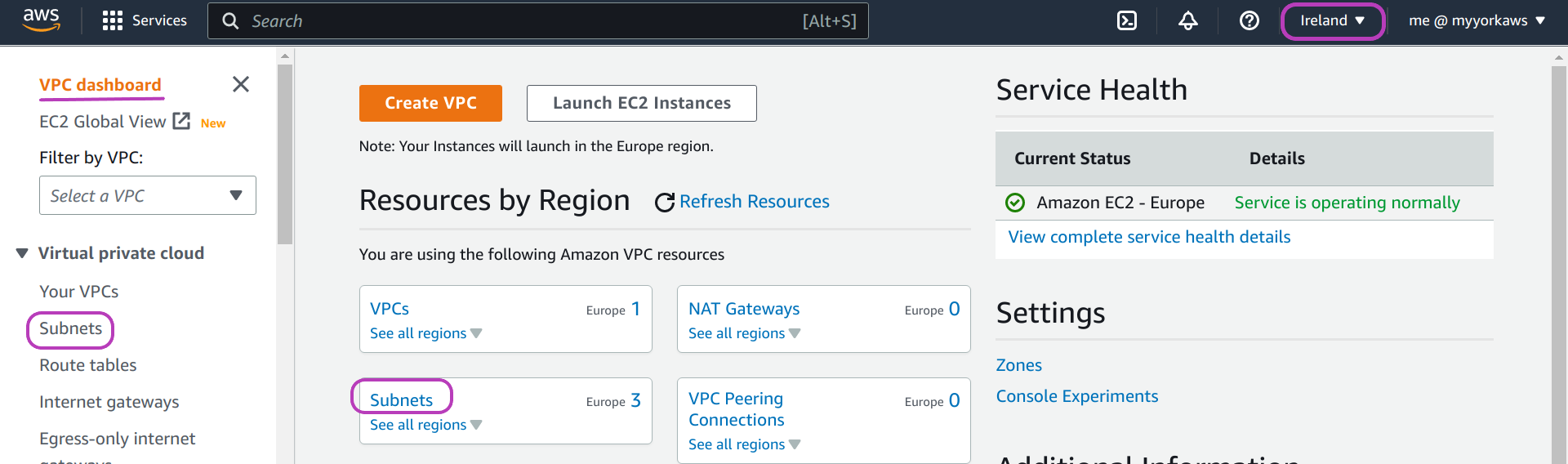 Screenshot of AWS Console VPC Dashboard page in a browser with the option Subnet on the menu pane on the left and on the body page on the left circled, and the region drop-down menu on the top right showing Ireland circled as well.