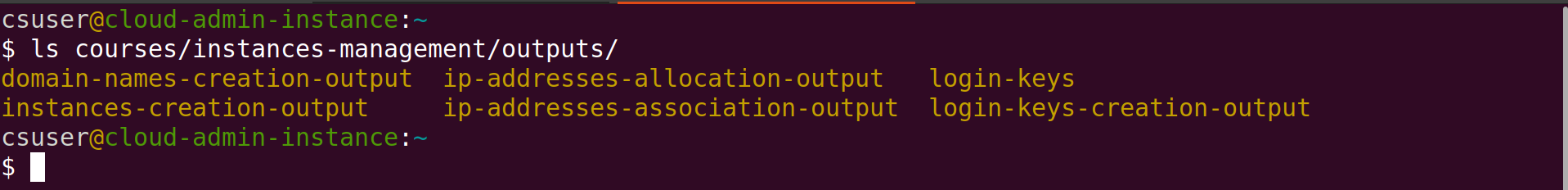 Screenshot of Linux terminal showing the run of the command ls courses/instances-management/outputs/; the results show the names of the directories created by the scripts invoked by the scripts csinstances_create.sh.