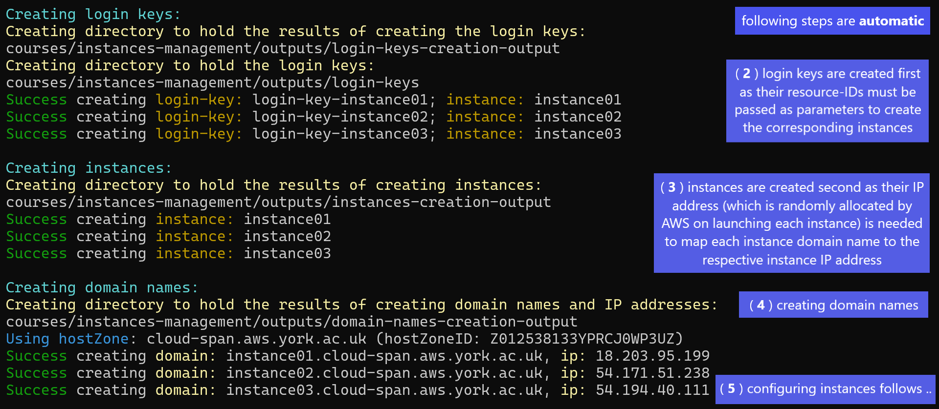 Screenshot of Linux terminal showing the terminal prompt, the run of the command csinstances_create.sh courses/instances-management/inputs/instancesNames.txt, and part of the output results of that command.