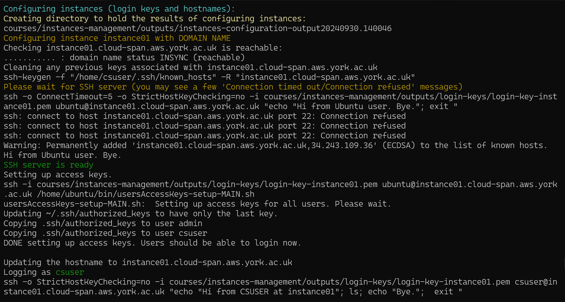 Screenshot of Linux terminal showing the terminal prompt, the run of the command csinstances_create.sh courses/instances-management/inputs/instancesNames.txt, the instances configuration step.