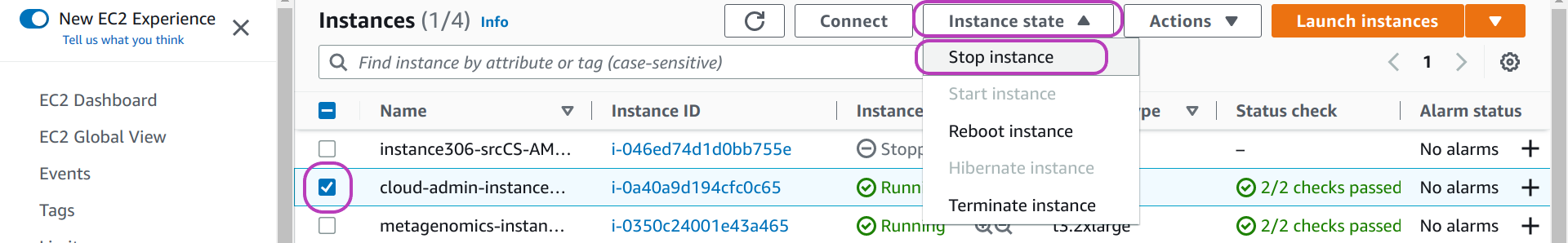 Screenshot of AWS Console EC2 Instances page in a browser showing the following items circled: the checkbox to the left of an instance name checked, the drop-down menu Instance state and the option Stop instance.