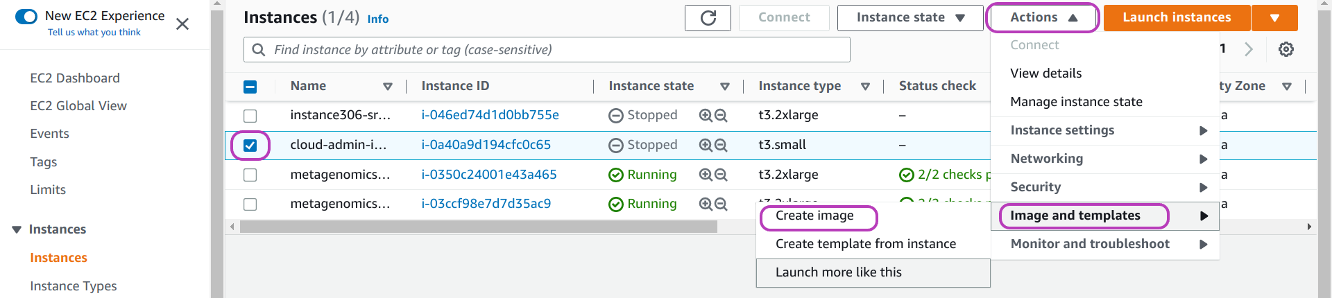 Screenshot of AWS Console EC2 Instances page in a browser showing the following items circled: the checkbox to the left of an instance name checked, the  Actions drop-down menu at the top,  the option Image and templates, and the option Create image.