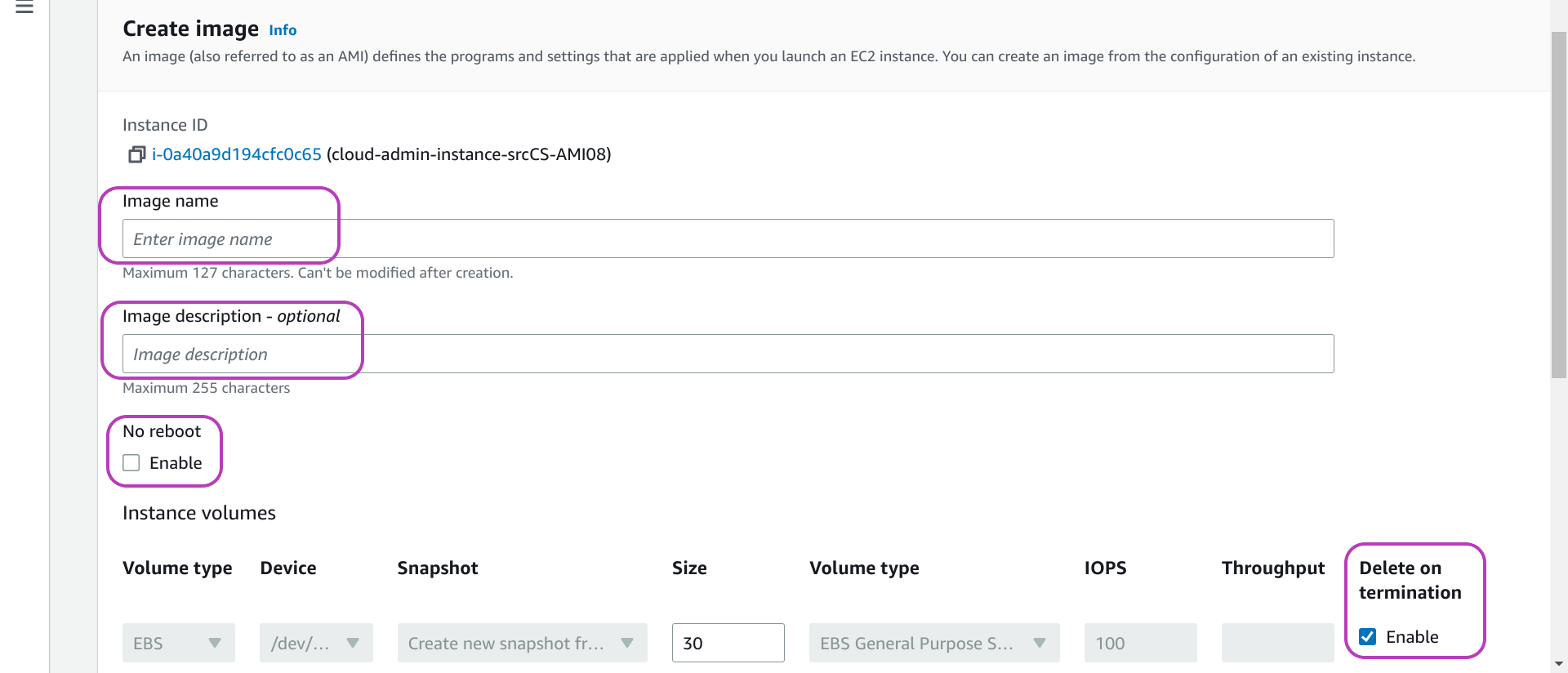 Screenshot of AWS Console Create image page in a browser showing the following items circled: the Image name box to enter an image name, the Image description - optional box to enter an image description, the No reboot option and its checkbox unchecked, the Delete on termination option and its checkbox checked