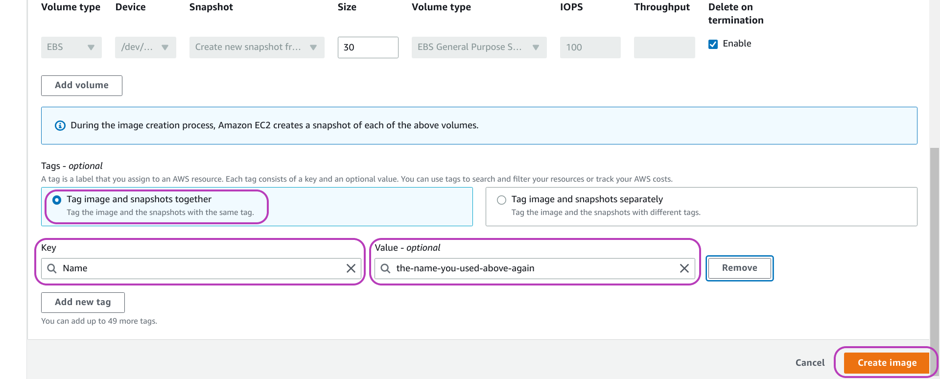 Screenshot of AWS Console Create image page, scrolled down to the end, in a browser showing the following items circled: the option Tag image and snapshots together selected, a Key box to enter a tag name, Value - optional box to enter a tag value, and the Create image button