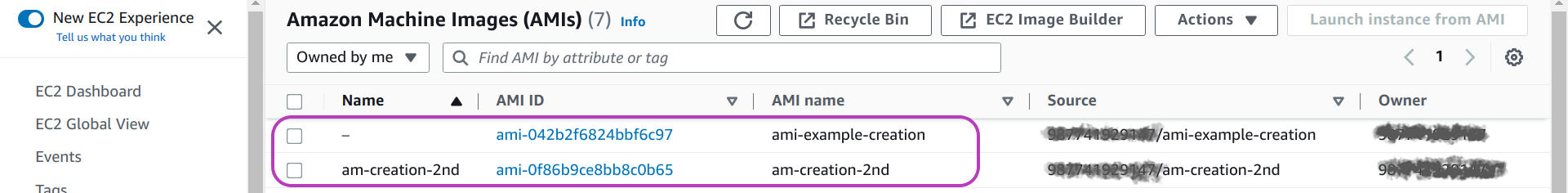 Screenshot of AWS Console Amazon Machine Images (AMIs) page in a browser, showing a table listing AMIs properties and two AMI entries in the table circled