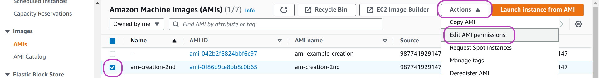 Screenshot of AWS Console Amazon Machine Images (AMIs) page in a browser, showing the following items circled: the checkbox to the left of an AMI name checked, the Actions drop-down menu at the top, and the option Edit AMI permissions (within the Actions menu)