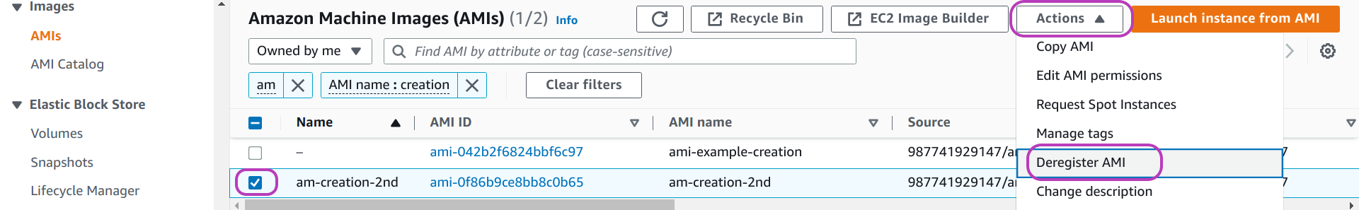 Screenshot of AWS Console Amazon Machine Images (AMIs) page in a browser, showing the following items circled: the checkbox to the left of an AMI name checked, the Actions drop-down menu at the top, and the option Deregister AMI (within the Actions menu)