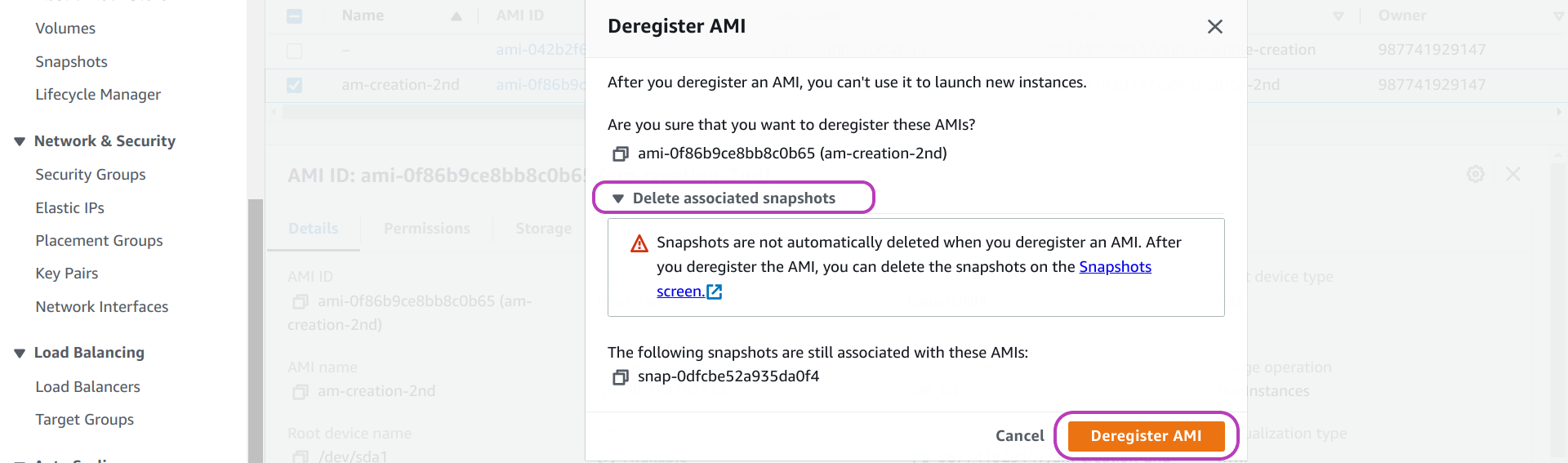 Screenshot of AWS Console Deregister AMI pop-up window in a browser, showing the drop-down option Delete associated snapshots and the button Deregister AMI circled