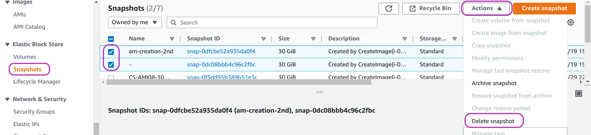 Screenshot of AWS Console Snapshots page in a browser, showing the following items circled: two checkboxs to the left of two snapshots names, checked, the Actions drop-down menu at the top, and the option Delete snapshot (within the Actions menu