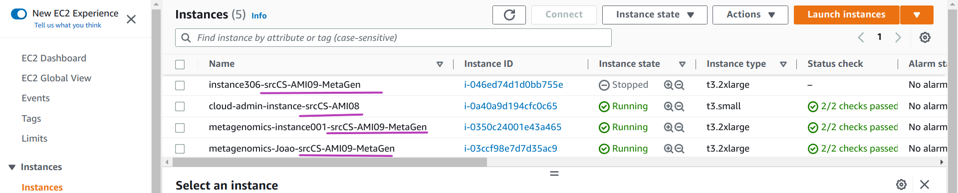 Screenshot of AWS Console EC2 Instances page in a browser showing the state, Stopping, of three instances previously created and running, circled