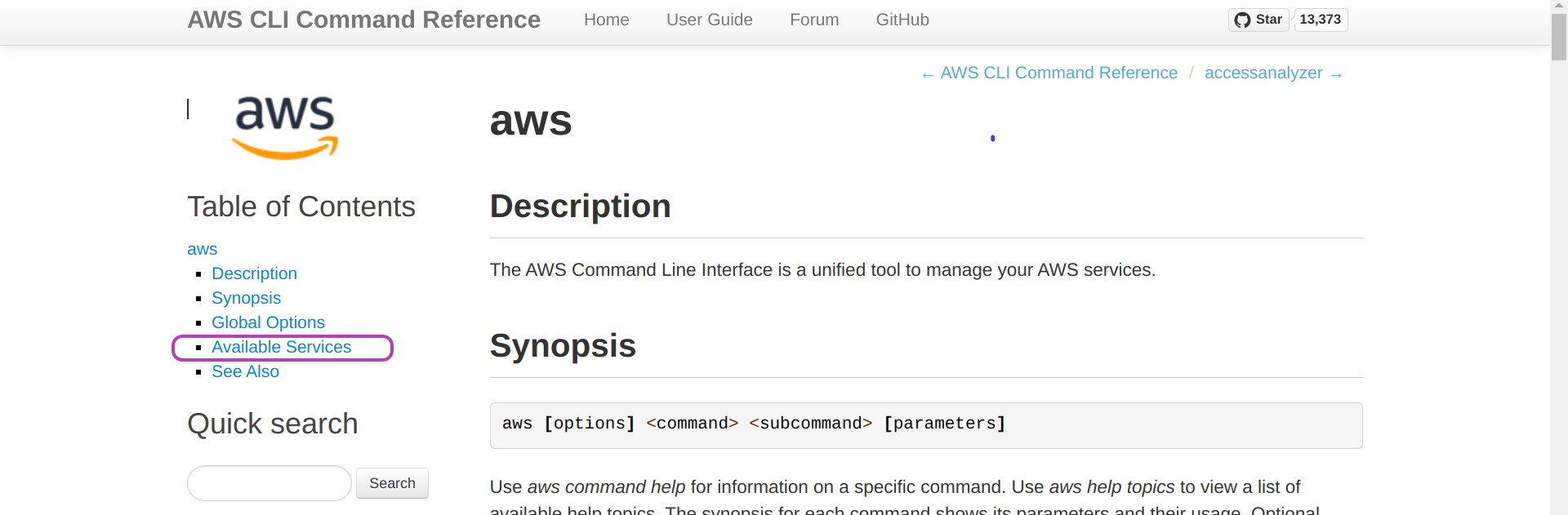 Screenshot of AWS CLI Command Reference page in a browser showing the option Available Services circled