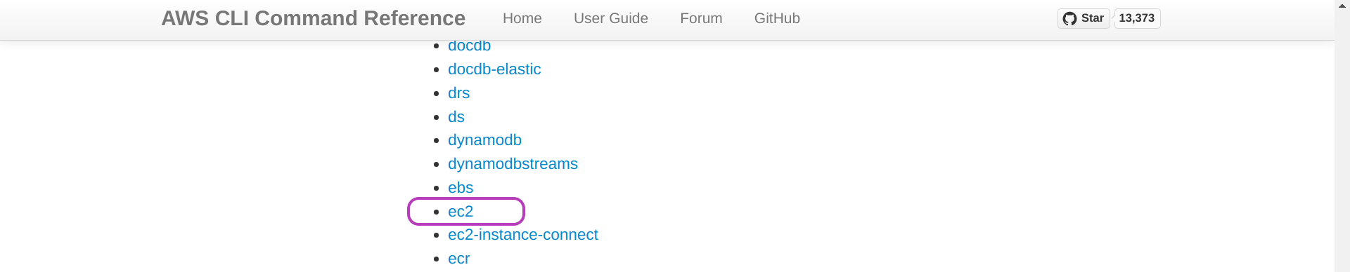 Screenshot of AWS CLI Command Reference page in a browser, scrolled down and showing the option ec2 circled