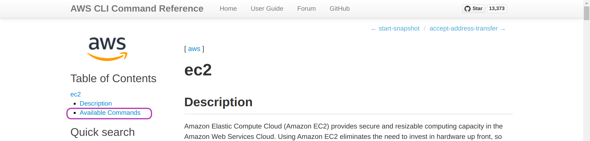 Screenshot of AWS CLI ec2 page in a browser, showing the option Available commands circled