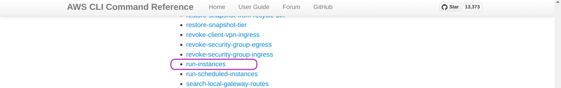 Screenshot of AWS CLI ec2 page in a browser, scrolled down and showing the option run-instances circled